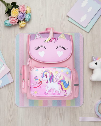 pink unicorn 3d school backpack - flat-lay