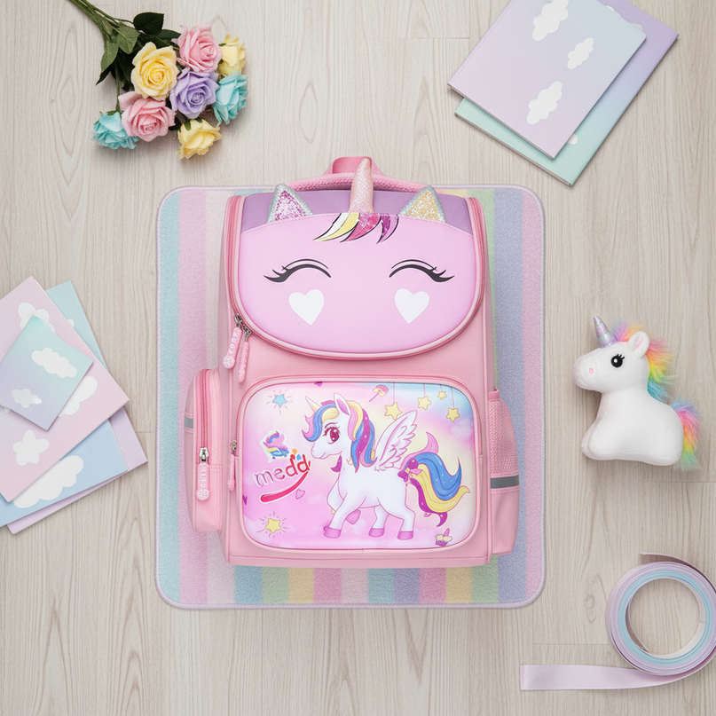 pink unicorn 3d school backpack - flat-lay