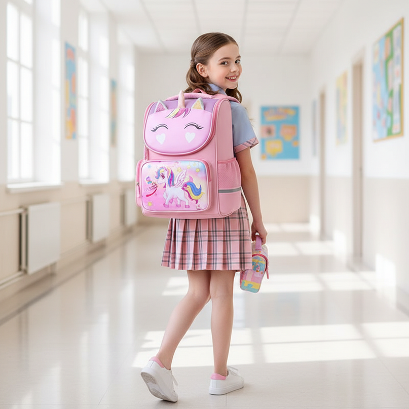 pink unicorn 3d school backpack - in-use