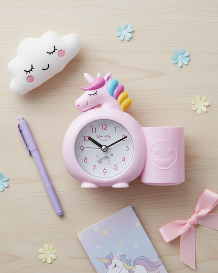 pink unicorn alarm clock - flat-lay