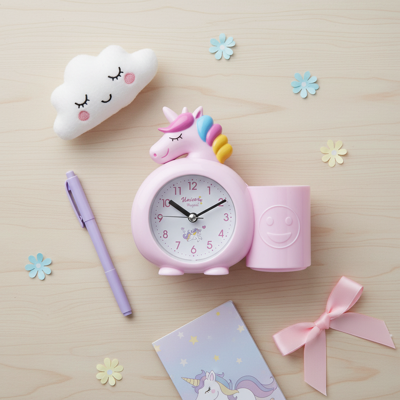 pink unicorn alarm clock - flat-lay