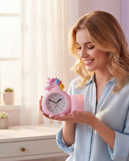 pink unicorn alarm clock - in-use