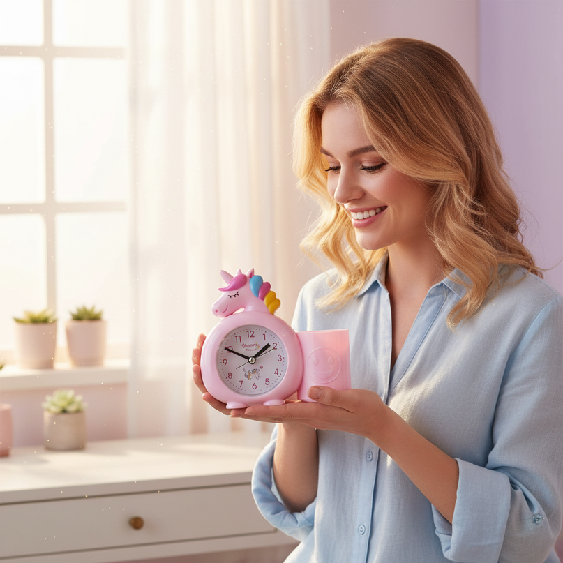 pink unicorn alarm clock - in-use