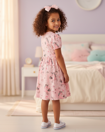 pink unicorn all over print dress - back
