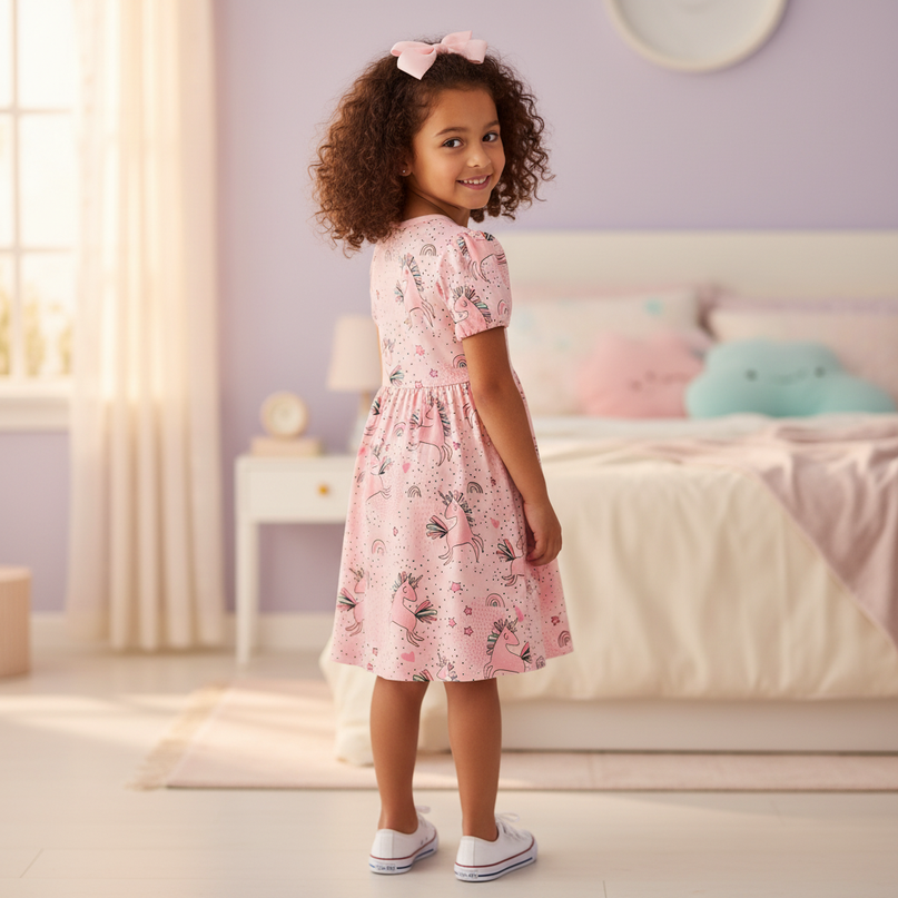 pink unicorn all over print dress - back