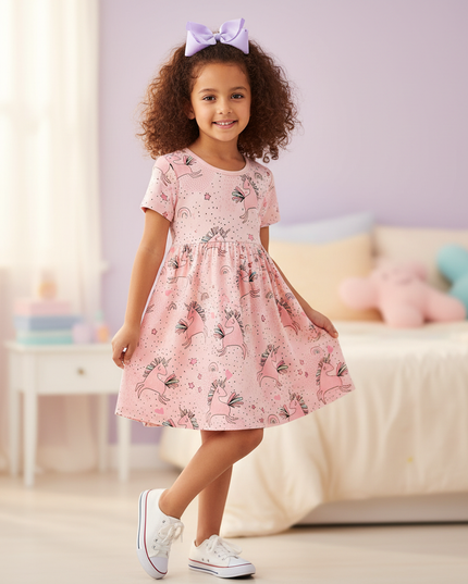 pink unicorn all over print dress - front