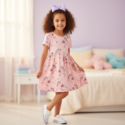 pink unicorn all over print dress - front