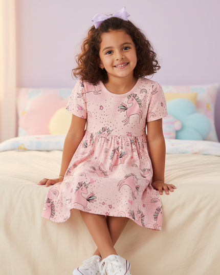 pink unicorn all over print dress - sitting
