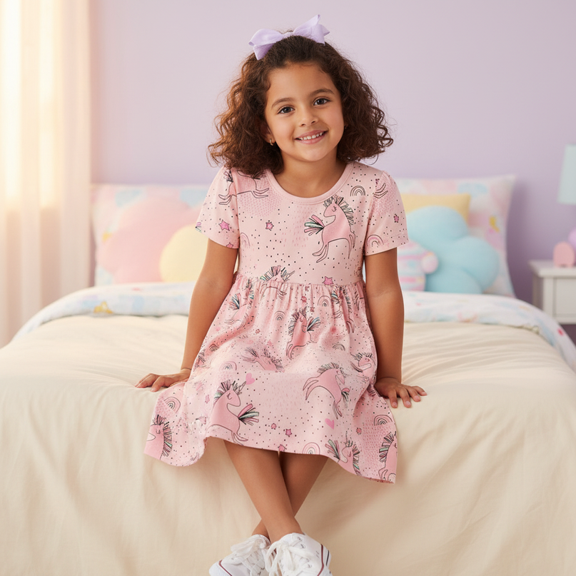 pink unicorn all over print dress - sitting