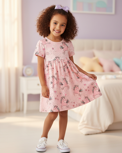 pink unicorn all over print dress - three-quarter
