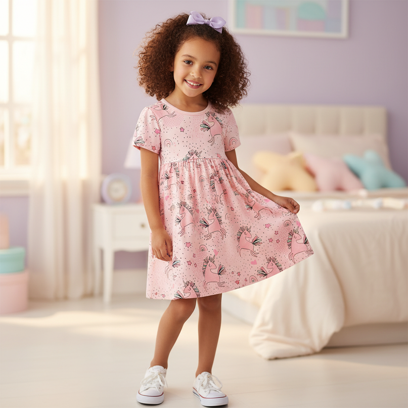 pink unicorn all over print dress - three-quarter