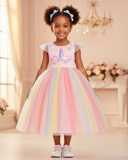 pink unicorn applique dress - detail