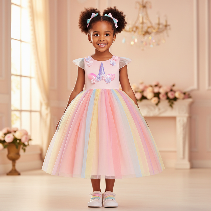 pink unicorn applique dress - detail