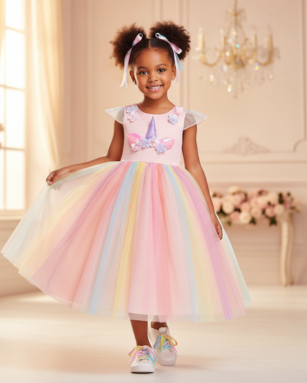 pink unicorn applique dress - front