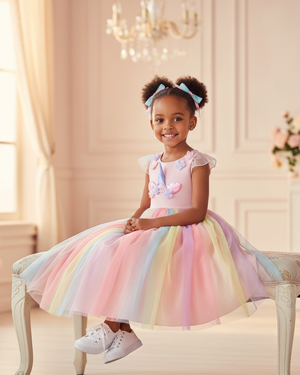 pink unicorn applique dress - sitting