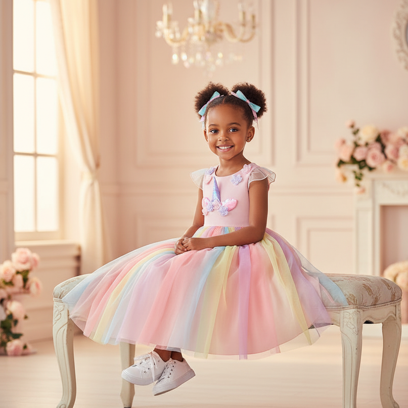 pink unicorn applique dress - sitting