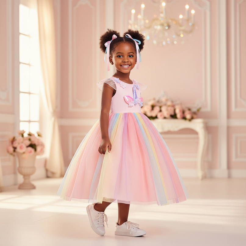 pink unicorn applique dress - three-quarter
