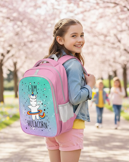 pink unicorn backpack girls - in-use