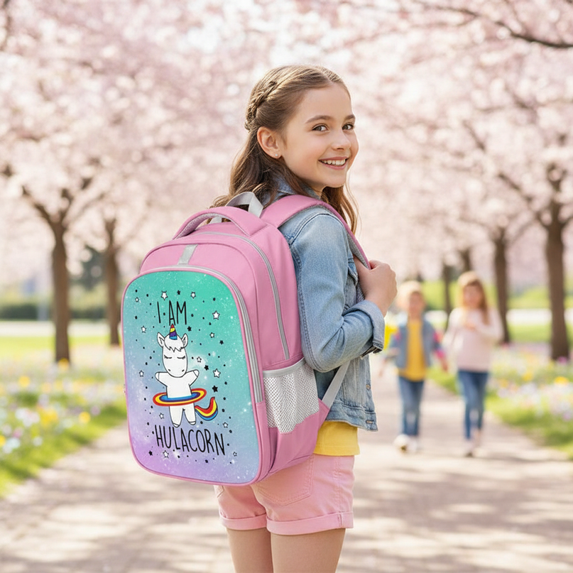 pink unicorn backpack girls - in-use