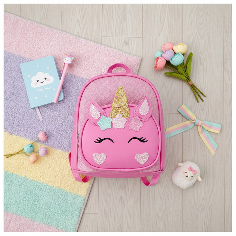 pink unicorn backpack - flat-lay