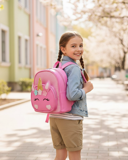 pink unicorn backpack - in-use