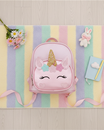 pink unicorn backpack with name - flat-lay
