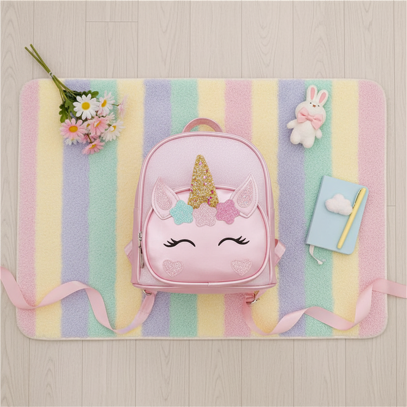 pink unicorn backpack with name - flat-lay