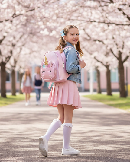 pink unicorn backpack with name - in-use
