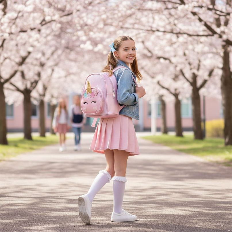 pink unicorn backpack with name - in-use