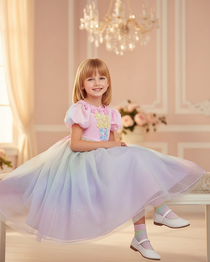 pink unicorn ball gown dress girls - sitting