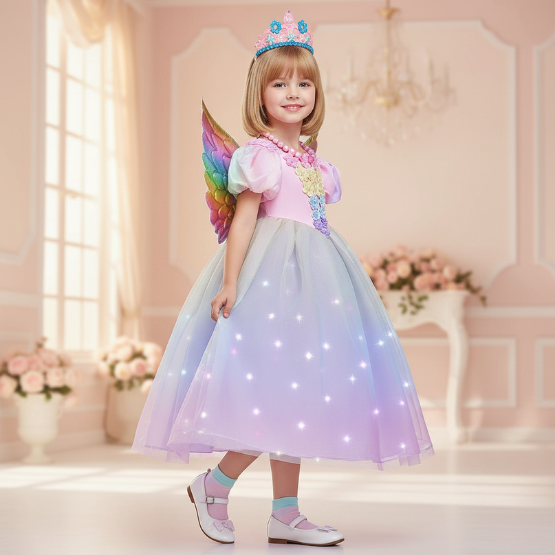 pink unicorn ball gown dress girls - three-quarter