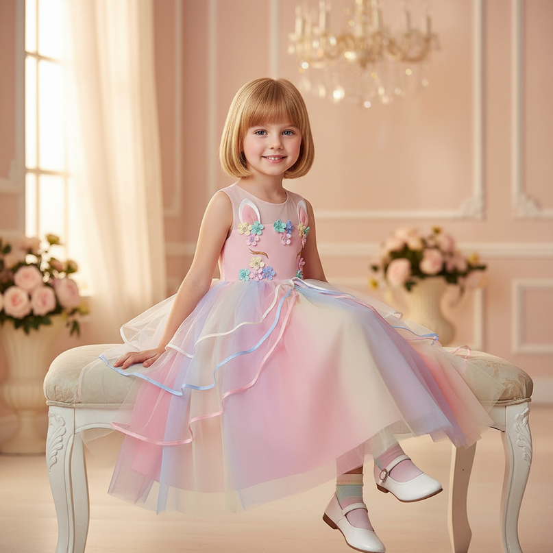 pink unicorn ball gown dress - sitting