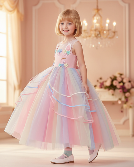 pink unicorn ball gown dress - three-quarter