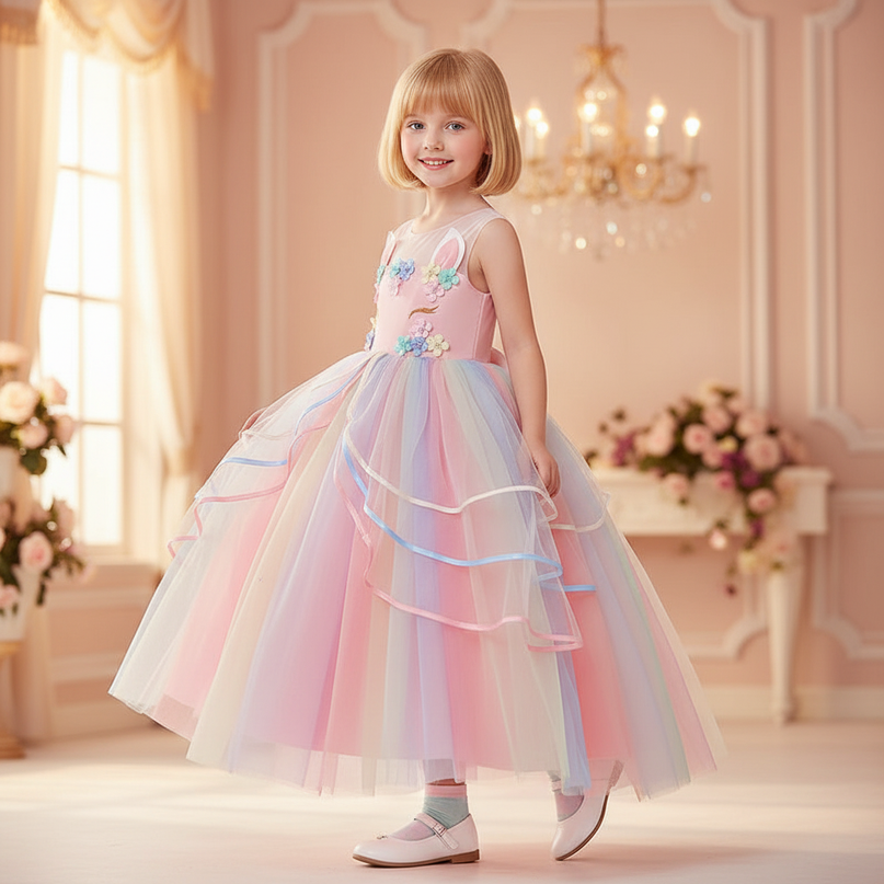 pink unicorn ball gown dress - three-quarter