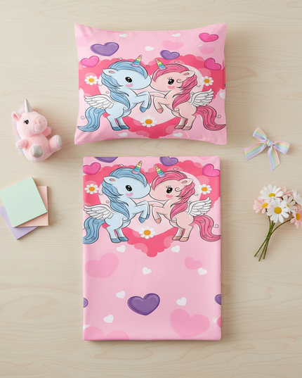 pink unicorn bed sheet set - flat-lay