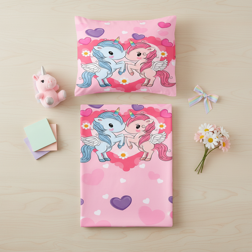 pink unicorn bed sheet set - flat-lay
