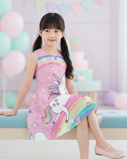pink unicorn birthday dress - sitting