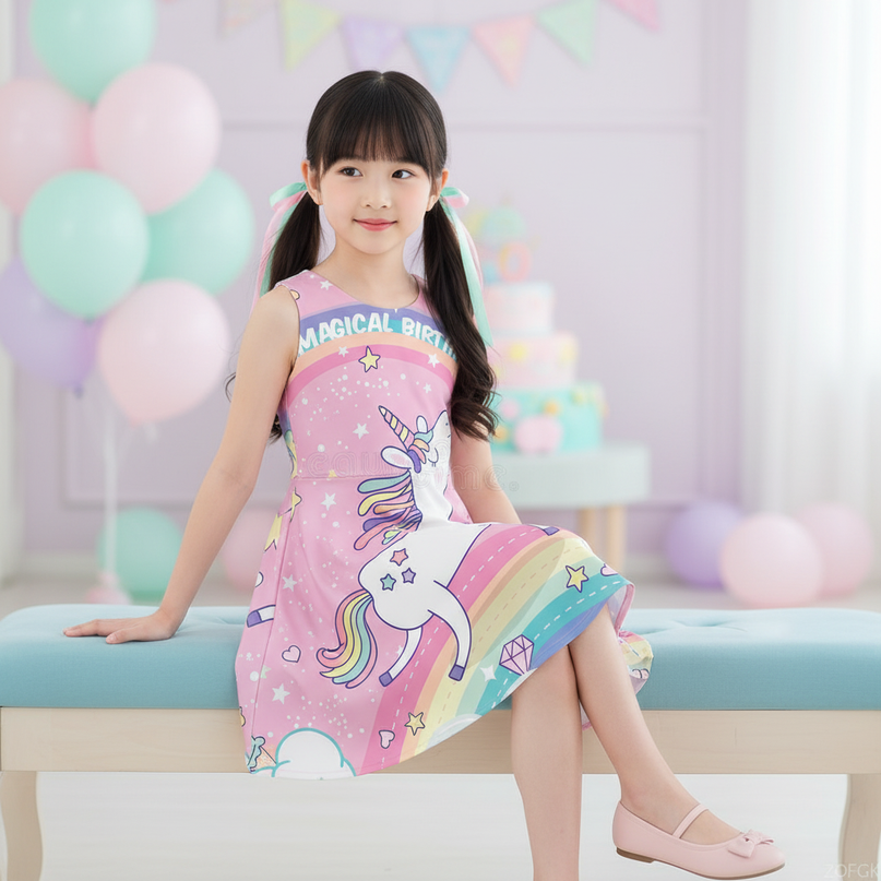 pink unicorn birthday dress - sitting
