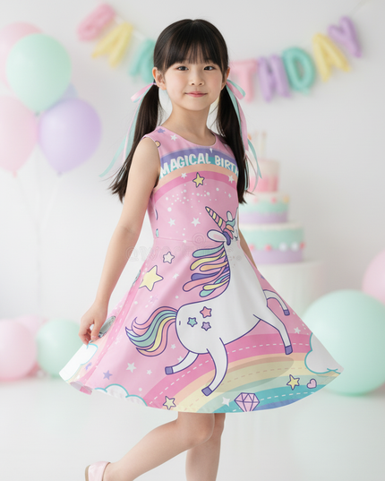 pink unicorn birthday dress - three-quarter