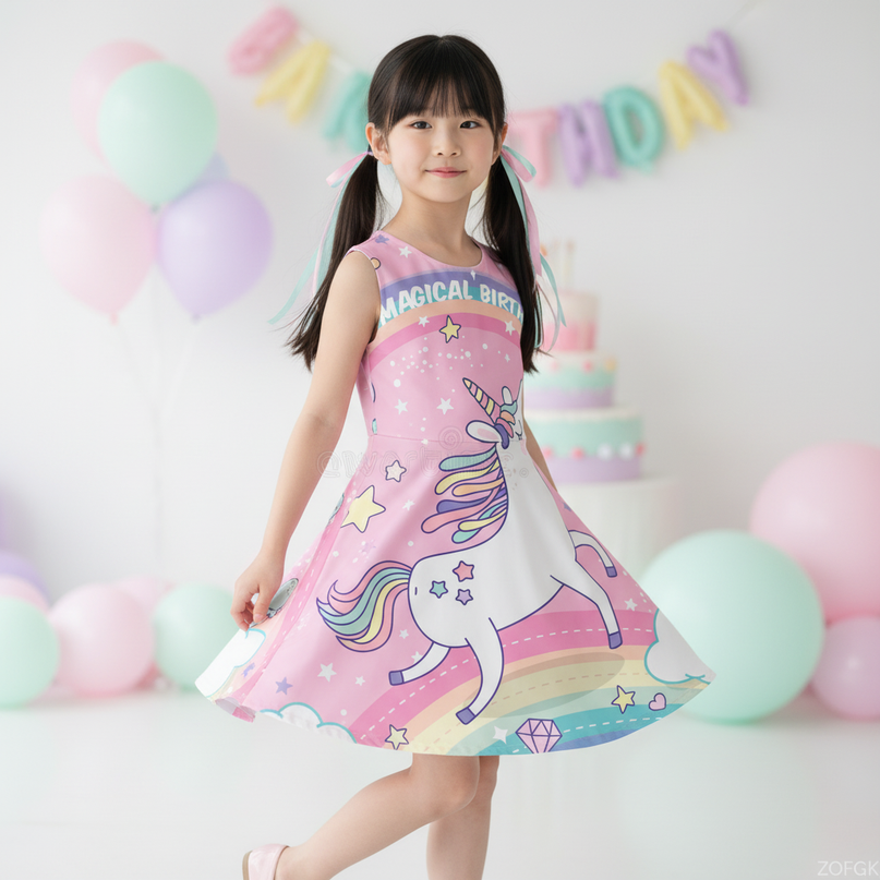 pink unicorn birthday dress - three-quarter
