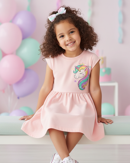 pink unicorn birthday party dress - sitting