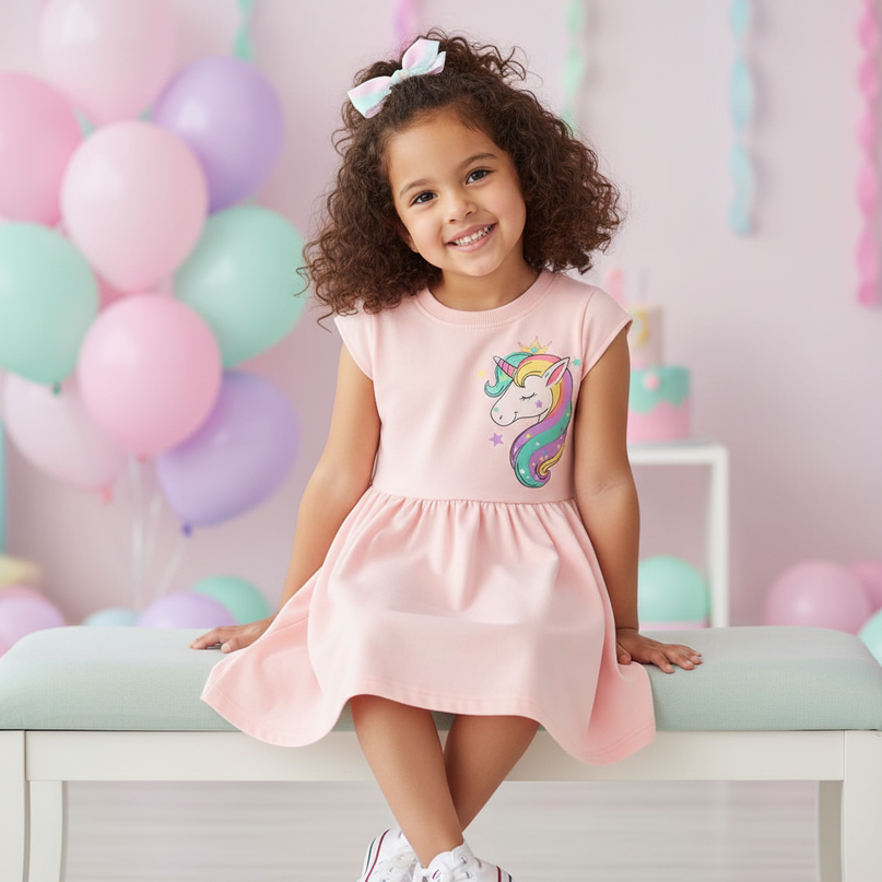 pink unicorn birthday party dress - sitting