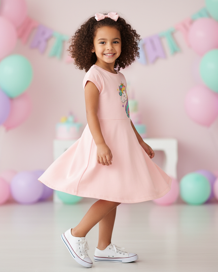 pink unicorn birthday party dress - three-quarter