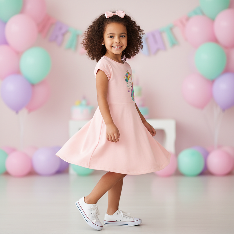 pink unicorn birthday party dress - three-quarter