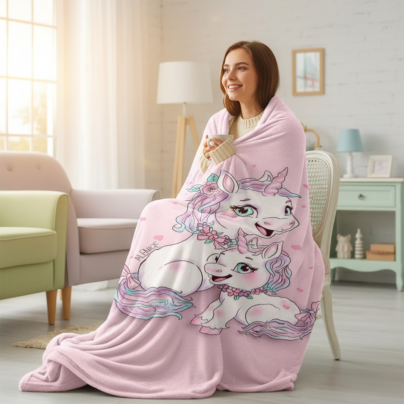 pink unicorn blanket - in-use