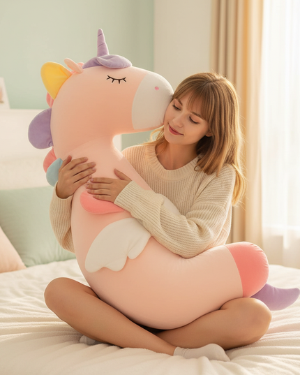 pink unicorn body pillow plush - in-use
