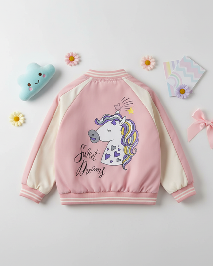 pink unicorn bomber - flat-lay