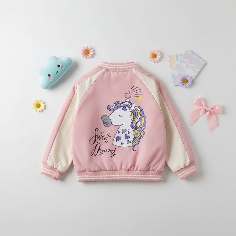 pink unicorn bomber - flat-lay
