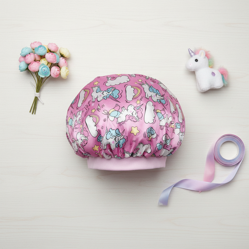 pink unicorn bonnet - flat-lay