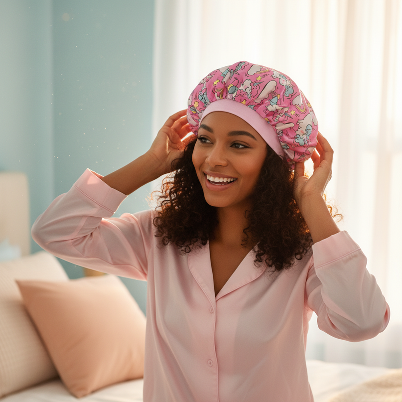 pink unicorn bonnet - in-use